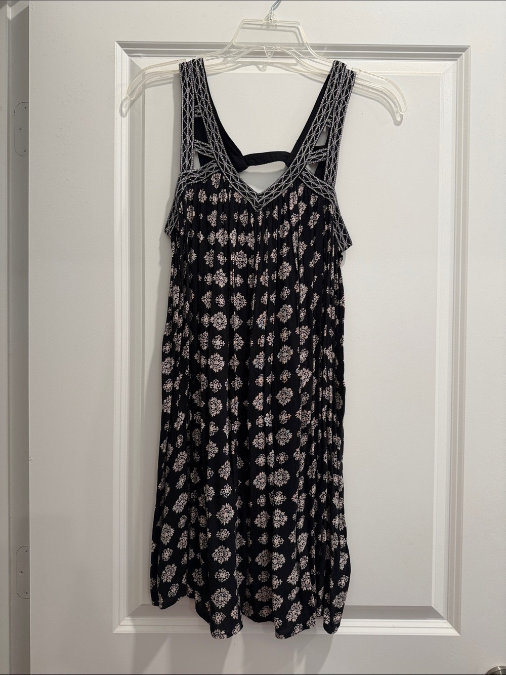 American Eagle Outfitters Black Dress with White Floral Print and Crochet Straps